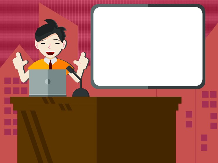 वेक्टर student or businessman doing a presentation with blank presentation board 