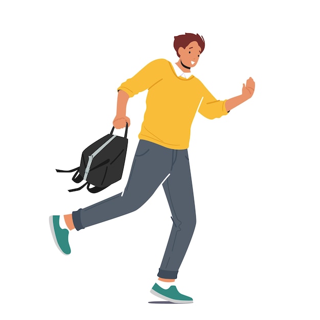 Персонаж-студент, опоздавший в университет, взволнованный молодой человек с сумкой в руке, спешащий на занятия из-за проспекта или пробки на дорогах. Ученый бег, концепция стрессовой ситуации. Мультфильм люди векторные иллюстрации