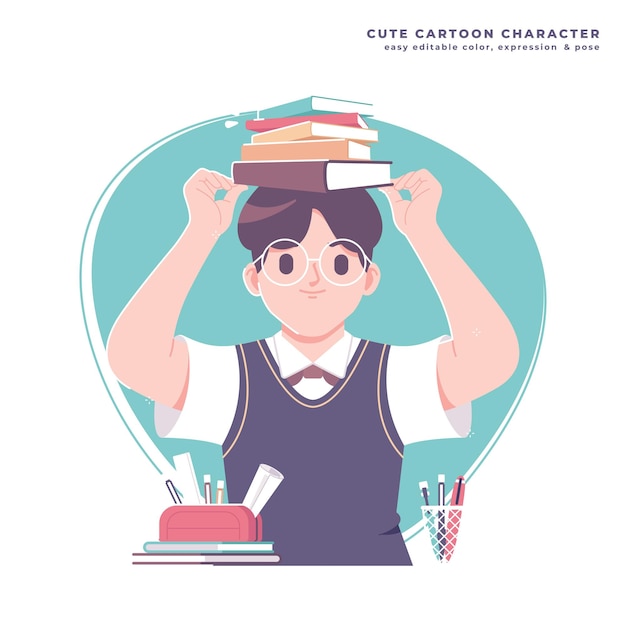 student character with book illustration