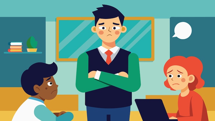 Vector a student in a classroom feeling uncomfortable and conflicted as their professor presents evidence