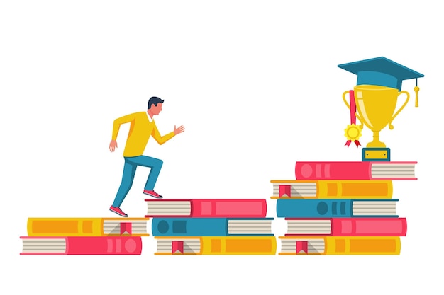 Vector student climbs the steps of books to the top with a cup and a graduate cap