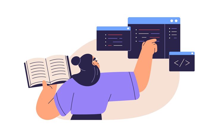 Vector student coding programming studying software engineering computer language information technology programmers and coders education concept flat vector illustration isolated on white background