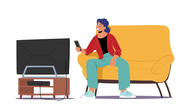 Vector student female character watching tv set in dormitory