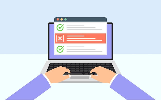 Student fill online form on laptop with some wrong answers Checklist concept