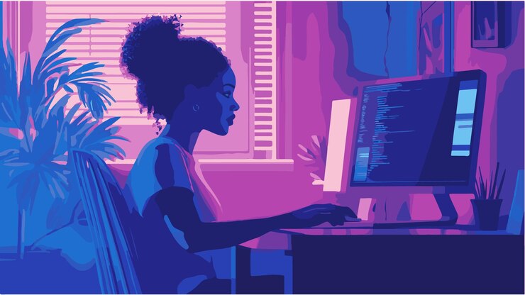 Vector student following online courses on her computer at home flat vector silhouettes design