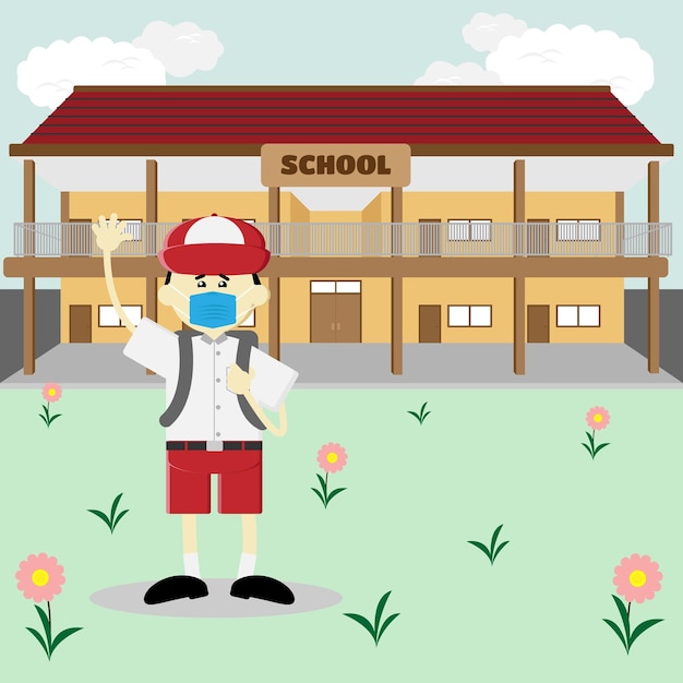 A student in front of the school