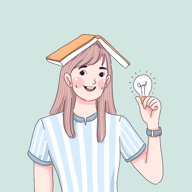 Vector student girl holding lightbulb cartoon .