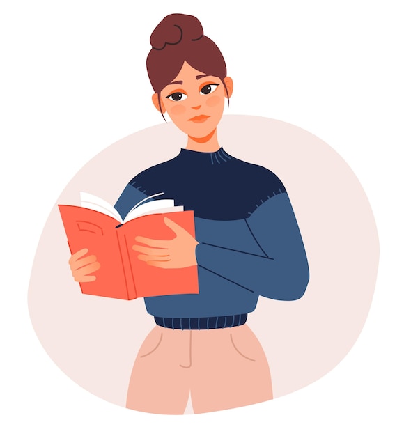 A student girl holds an open book Female with a book The concept of learning