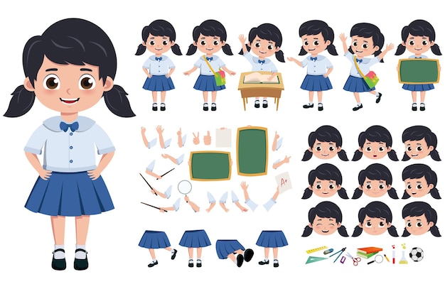 制服キャラクター作成キットベクトルセット就学前の学生の学生の女の子