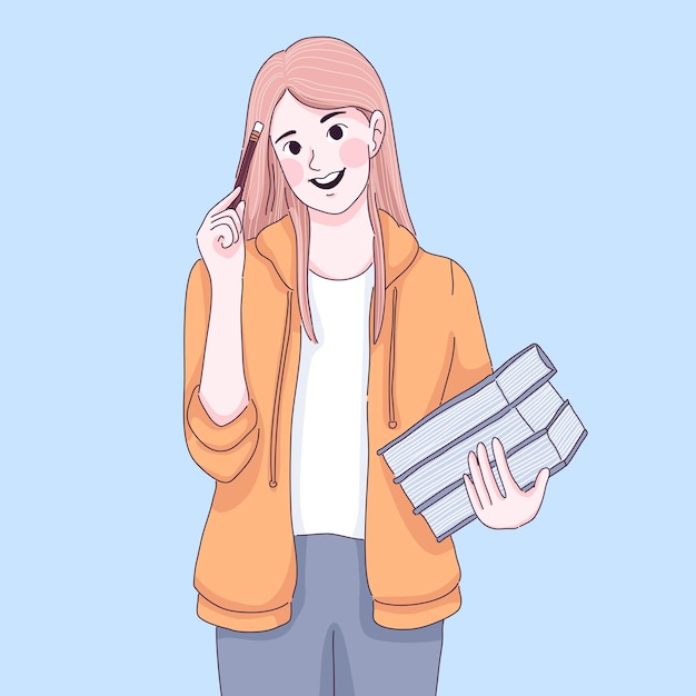 Vector student girl is thinking, holding book and pencil.