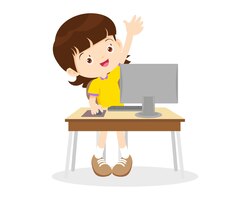 Student girl learning computer hand up