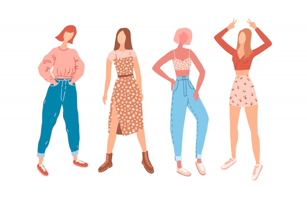 Vector student girls in everyday outfits, set of fashion girls