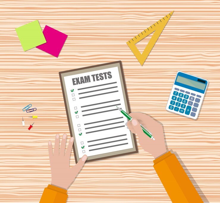Vector student hand fills examination quiz paper