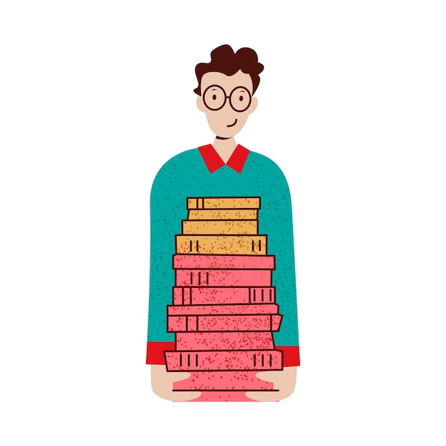 Student holding a heap pile stack of books