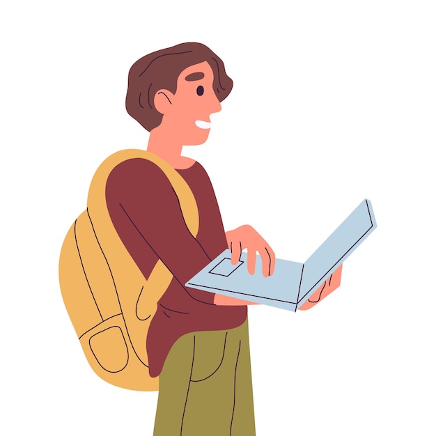 Vector student holding laptop college or high school student wireless gadget user male characters studies or freelance works flat vector illustration