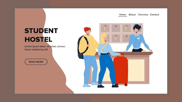 Student Hostel Arrive Couple Boy And Girl Vector. Young People With Luggage And Backpack Talk With Student Hostel Administrator. Characters Visitors And Worker Web Flat Cartoon Illustration