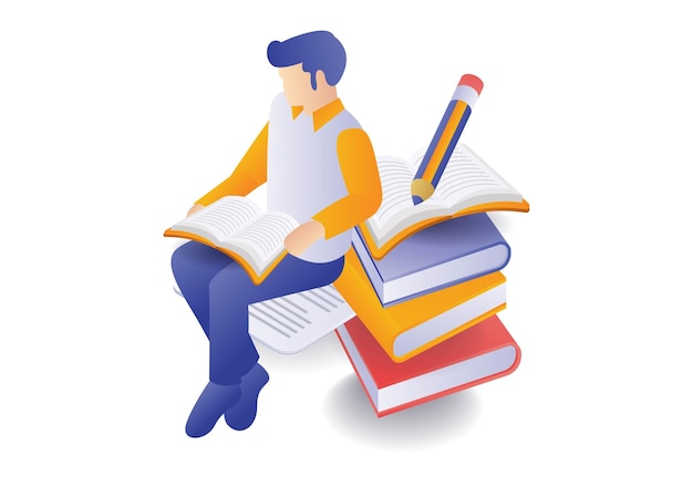 学生が学校の教育本を読んでいるイラストコンセプト