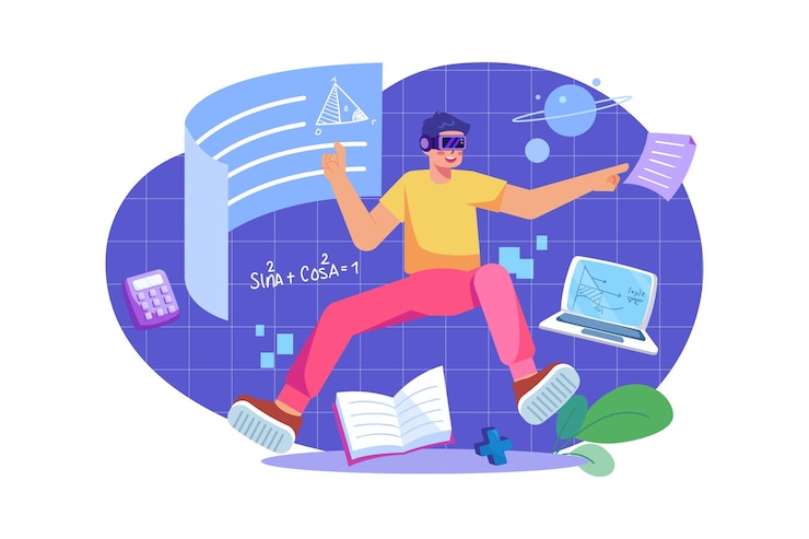 Student is studying with wearing a VR headset