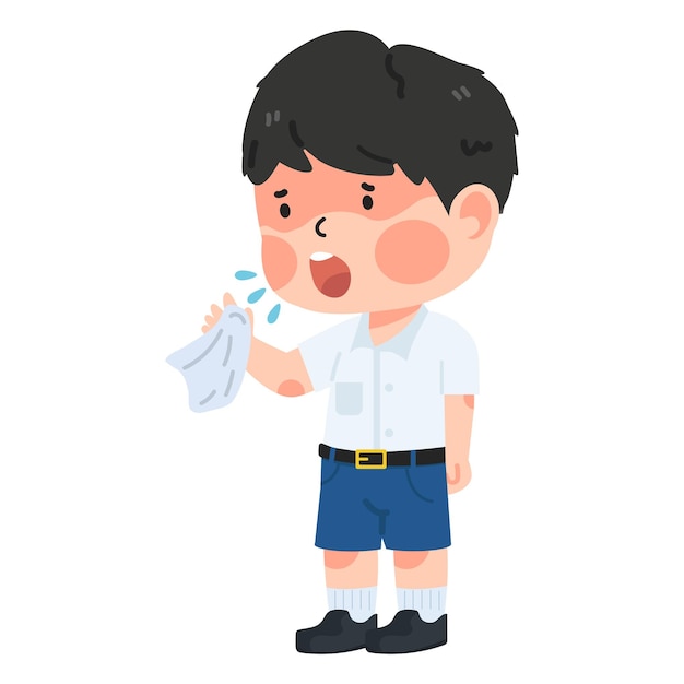 Vector student kid boy with cold or flu sneeze