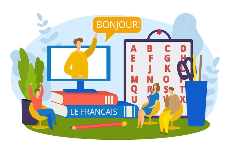 Vector student learn french online, vector illustration. study knowledge by internet technology, communication and computer. happy man woman character
