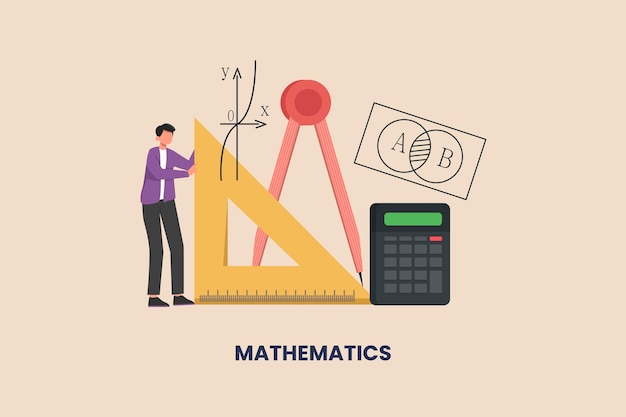 ベクトル 学生は数学ツールを使用して数学を学ぶ学校や大学の科目の概念フラットベクトルイラスト分離