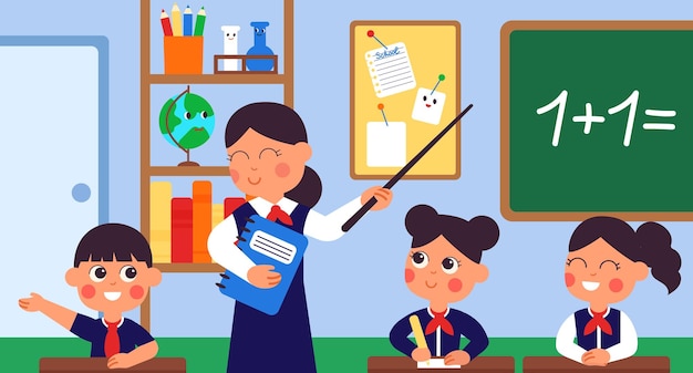 student learning in classroom college teacher student at desks lecture or discussing young school girl and boy on seminar decent vector scene