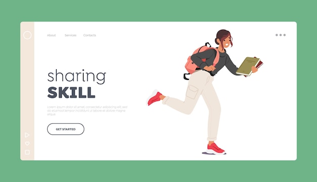 Vector student lifestyle landing page template student girl character running with backpack and pile of books in hands