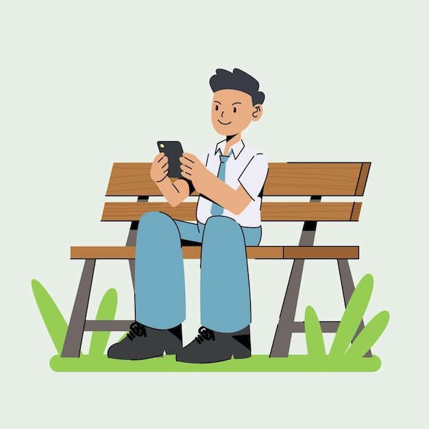 Vector student looking at his phone alone in the park