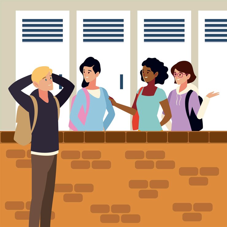 Vector student man and girls talking campus design  illustration