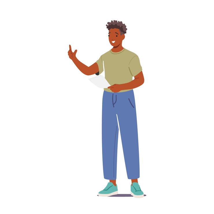 Vector student mannelijk karakter permanent met vel papier in de hand lezen of maken van rapport persoon leren vectorillustratie
