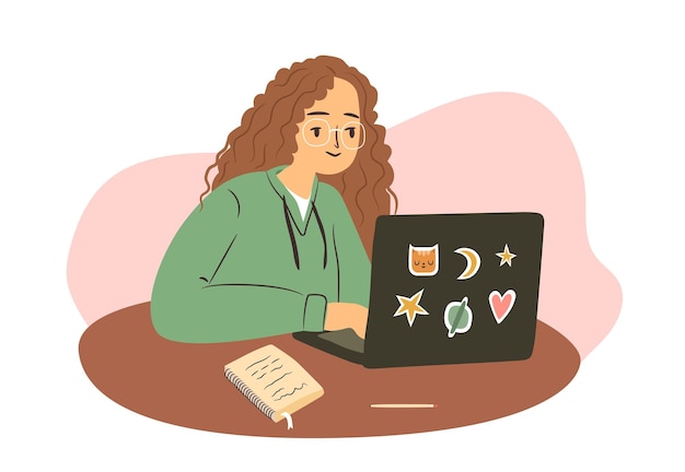 Student meisje met laptop studeren freelancer vrouw in vrijetijdskleding werkt vanuit huis op haar computer