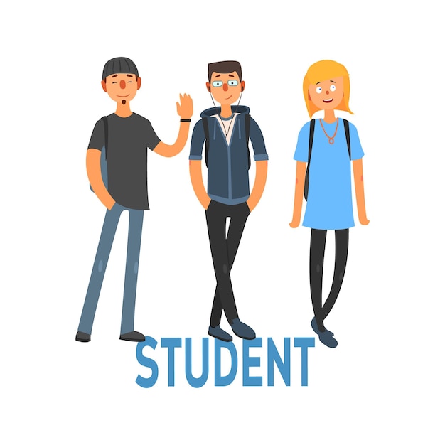 Student people set of three person in summer clothes simple style vector illustration with text on white background