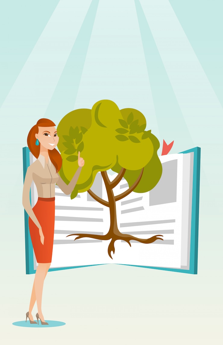 Vector student pointing at tree of knowledge.