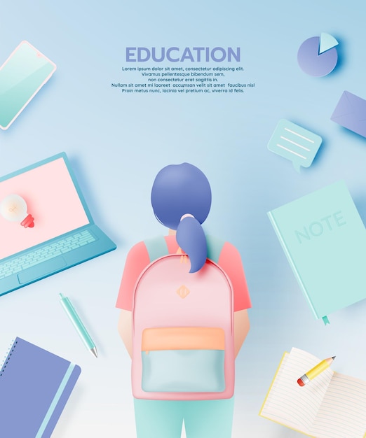 Student prepare to off to college with various school supplies in pastel color scheme vector illustration