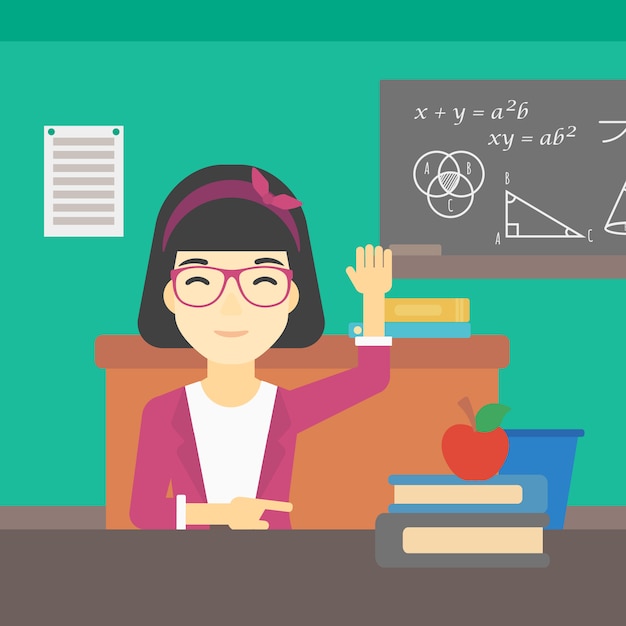 student raising hand in class for an answer.