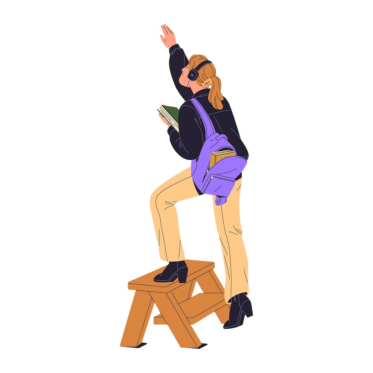 Vector student reaches with hand to book on high bookshelf in library girl climbs ladder to get textbook from bookcase in bookstore teen chooses literature flat isolated vector illustration on white