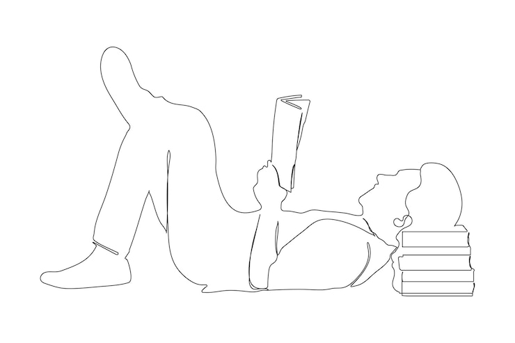 Vector a student reading book continuous line art drawing a boy sitting and reading a book