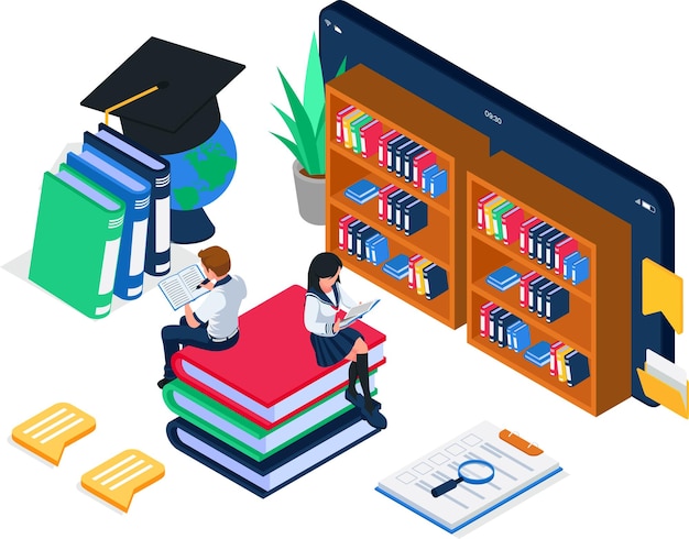 Student reading book in online library on smarhphone elearning illustration concept male and female do online learning together vector