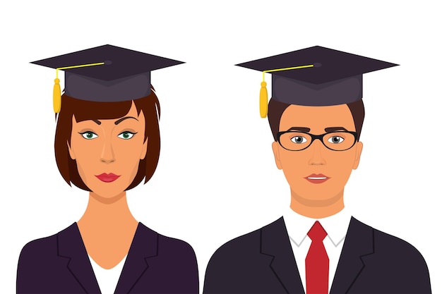 Avatar di laurea degli studenti uomo e donna in cappucci di graduazione illustrazione vettoriale in stile piatto