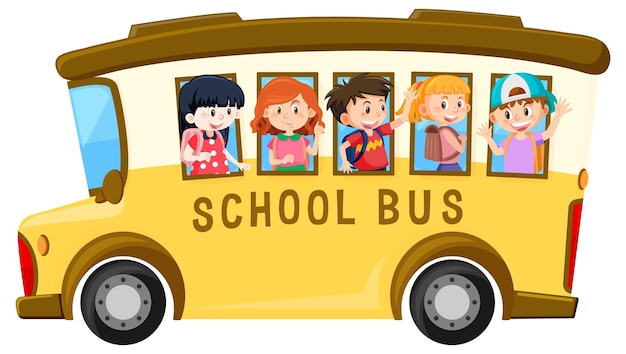 Студент в школьном автобусе на белом фоне