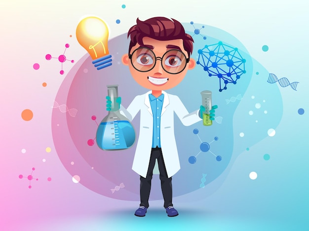 Student scientist vector character Boy character with beaker and science logo icons in lab coat