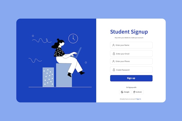 Interfaccia utente della pagina di registrazione degli studenti con illustrazione piatta su sfondo blu