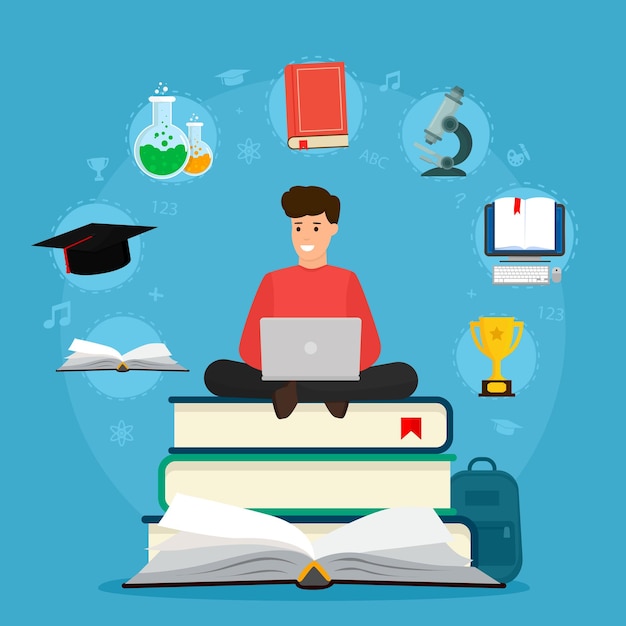 Vector student sitting on books with laptop surfing internet concepts of education and elearn