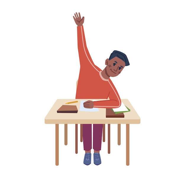 Student sitting by desk with school supplies raising hand asking or answering kid by table studying