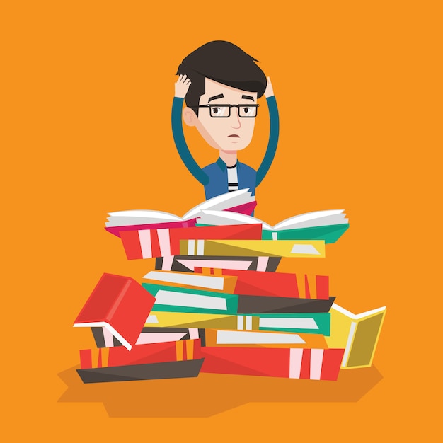 Student sitting in huge pile of books