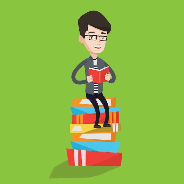Vector student sitting on huge pile of books.