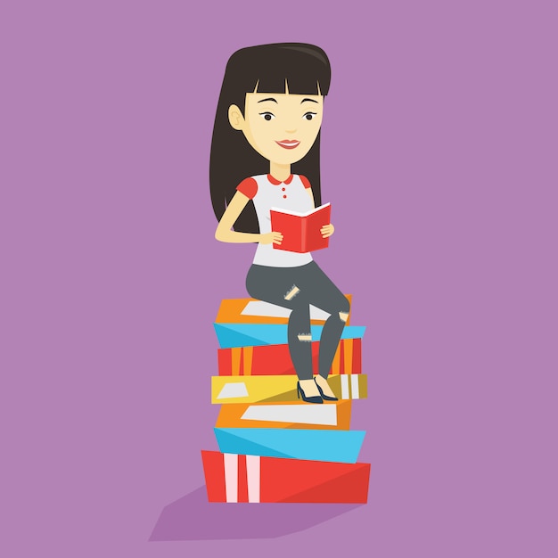 Vector student sitting on huge pile of books.