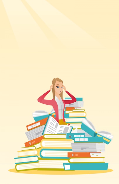 Student sitting in huge pile of books.