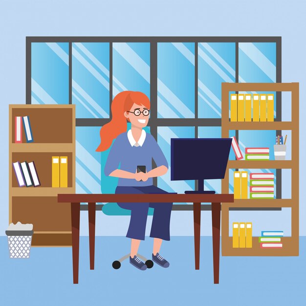 Vector student sitting in library desk illustration