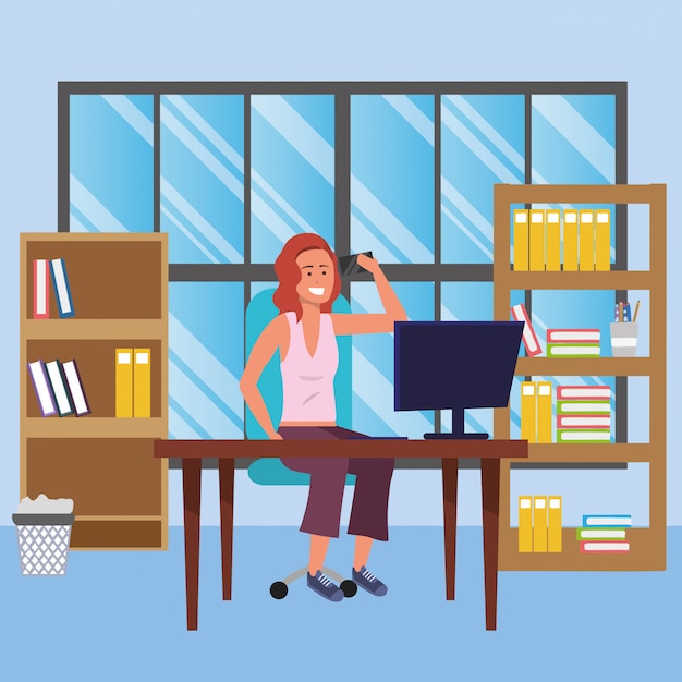 Vector student sitting in library desk illustration